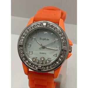 Sophie Womens Orange Rhinestone Rubber Band Fashion Watch New Battery